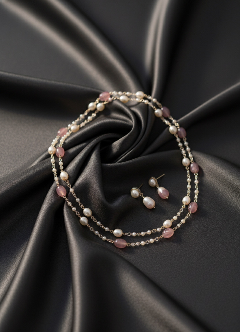 Prexela Blush Symphony Pearl & Rose Bead Layered Necklace Set | Elegant Gold-Plated Jewellery for Women