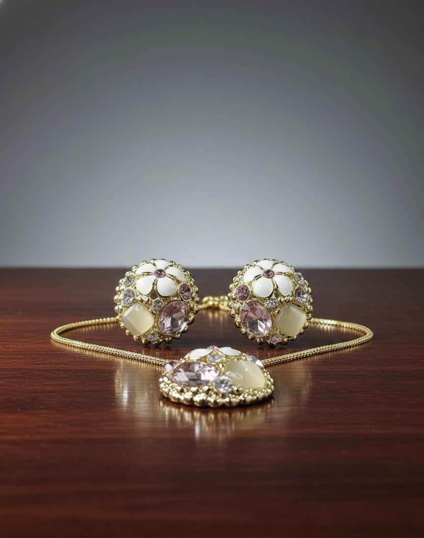 Floral Crystal Pendant Set – Gold-Tone Finish