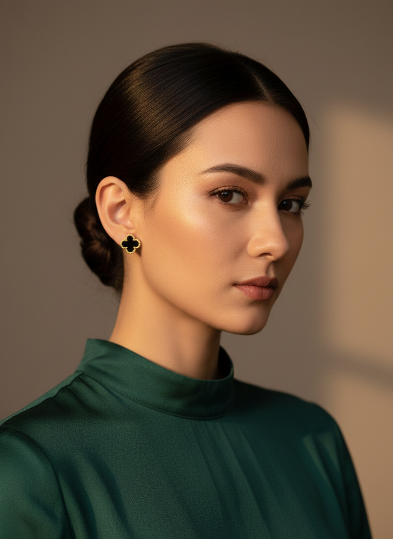 Black Enamel Clover Stud Earrings | 18k Gold-Tone Finish