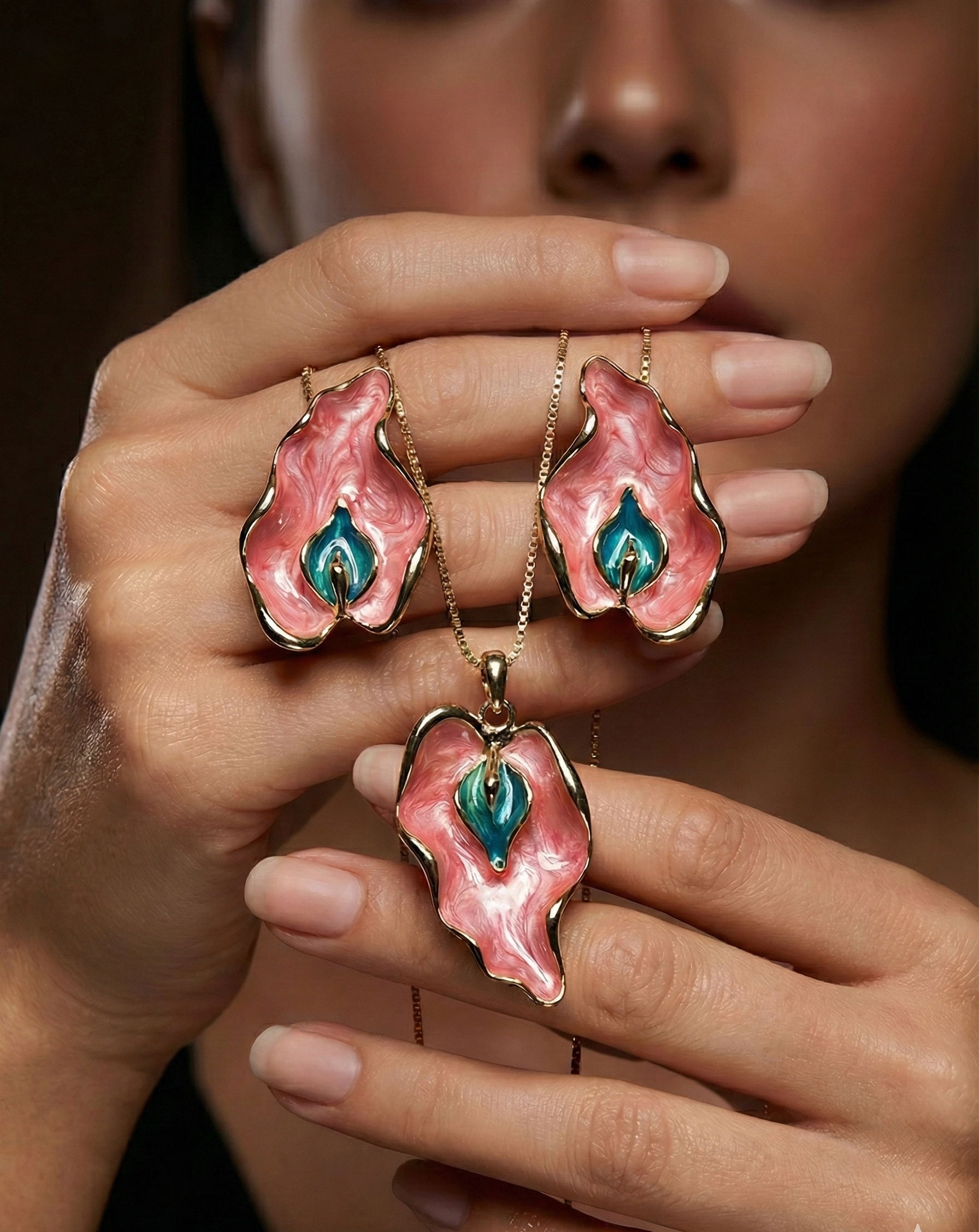 Pink Enamel Leaf Pendant Set | Gold-Tone Finish