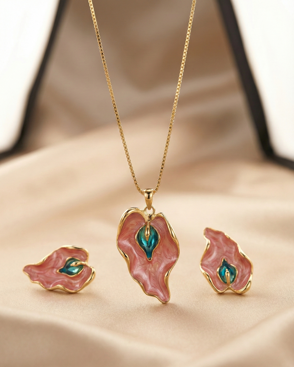 Pink Enamel Leaf Pendant Set | Gold-Tone Finish